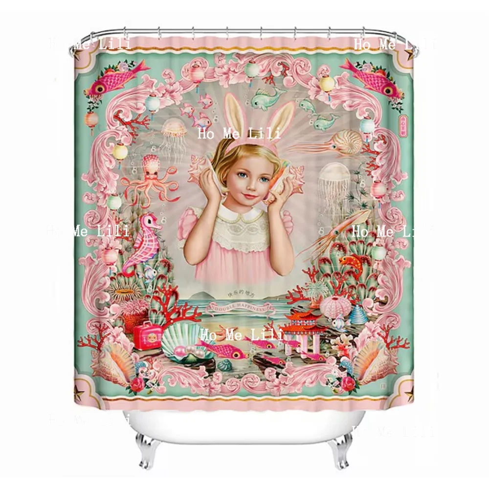 Double Happiness Shower Curtain Vintage Asian Pop-Surreal Bunny Ears Girl Shower Curtain