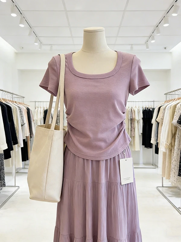 

Light Purple T-Shirt High Waist Skirt Women's Summer Outfit Set Casual Commute Style Short Sleeve Basic Color