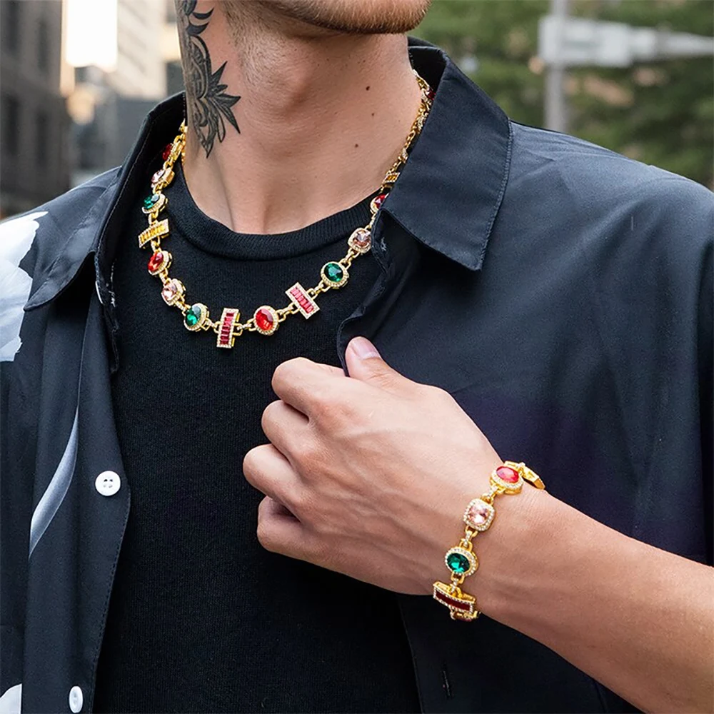 

Gorgeous Mixed Gemstone Tennis Chain 5A CZ Gem 18K Gold Plated Vintage Multi Colored Jewelry Necklace for Women Men