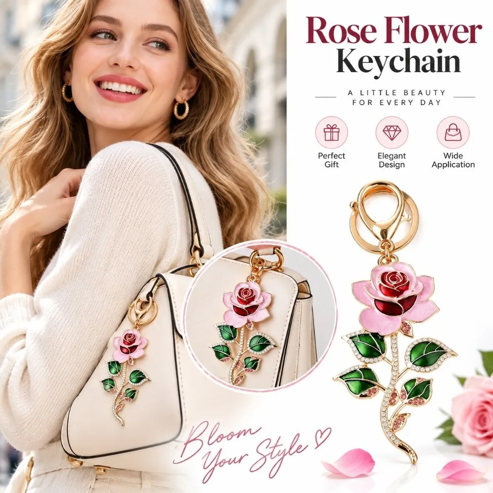 New Rose Flower Keychain Lobster Clasp Rhinestone Rose Flower Pendant Hanging DIY Jewelry Crystal Keyring for Women Girls