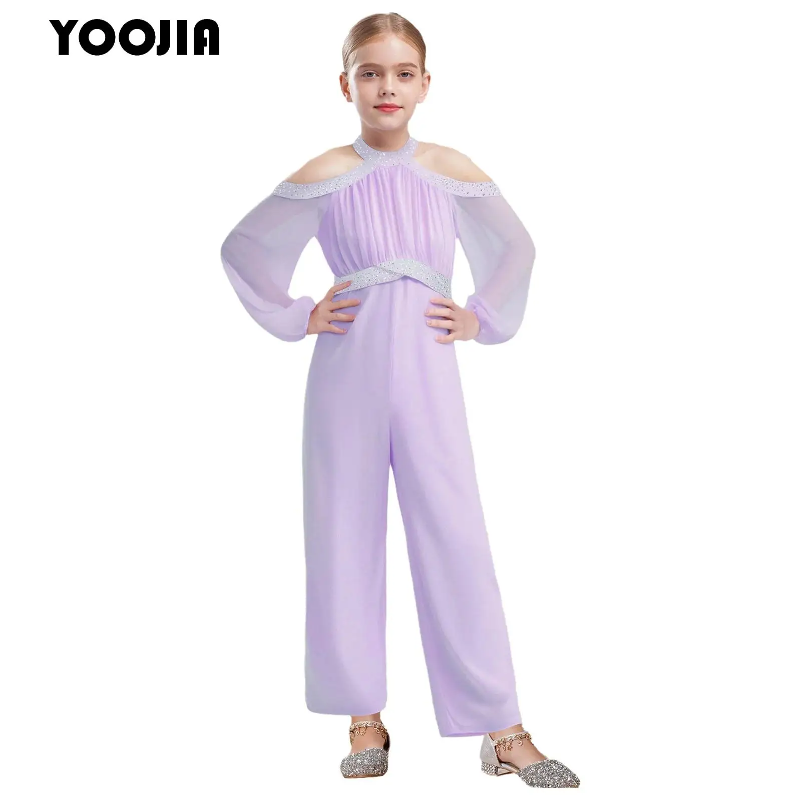 

Pageant Party Girls Jumpsuit Fashion Cold Shoulder Long Sleeve Rhinestone Wide Leg Romper Occasion Jumpsuit for Birthday Wedding