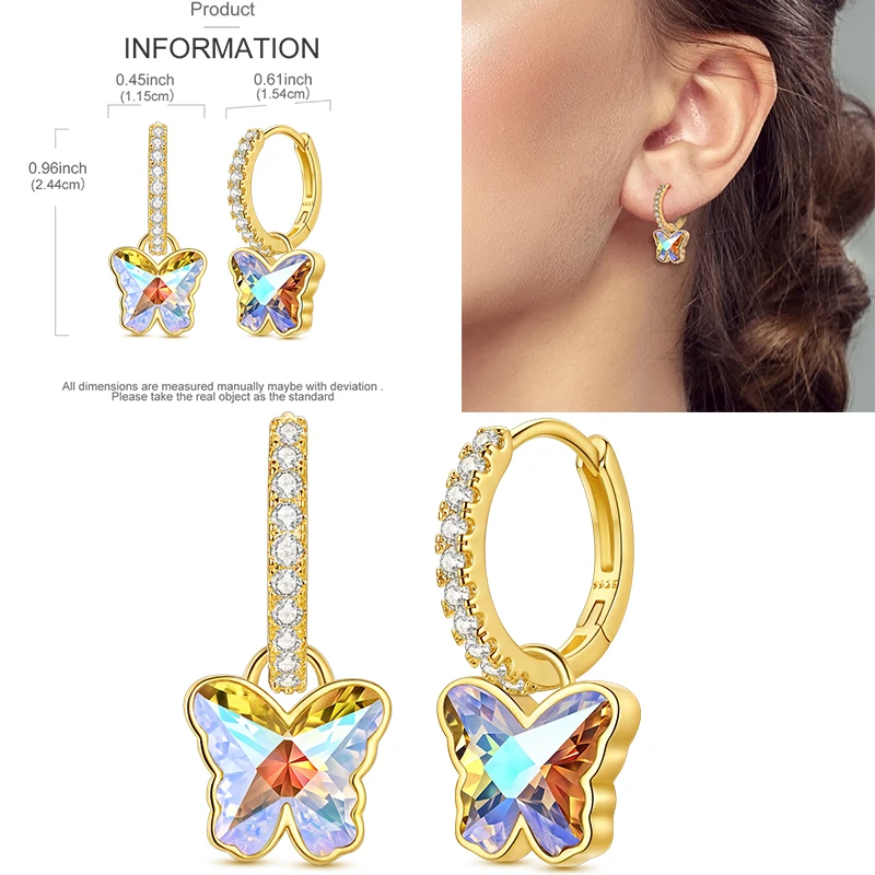 Sparkling Gold Woman Hoop Earrings 925 Sterling Silver Butterfly Colored Zirconium Earrings for Women Jewelry Anniversary Gift view 4