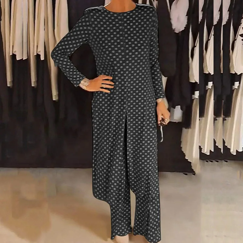 Fashion Round Neck Slit Long Top & Long Pant Set Women Casual Long Sleeve Loose 2Pc Outfit Elegant Polka Dot Print Commuter Suit