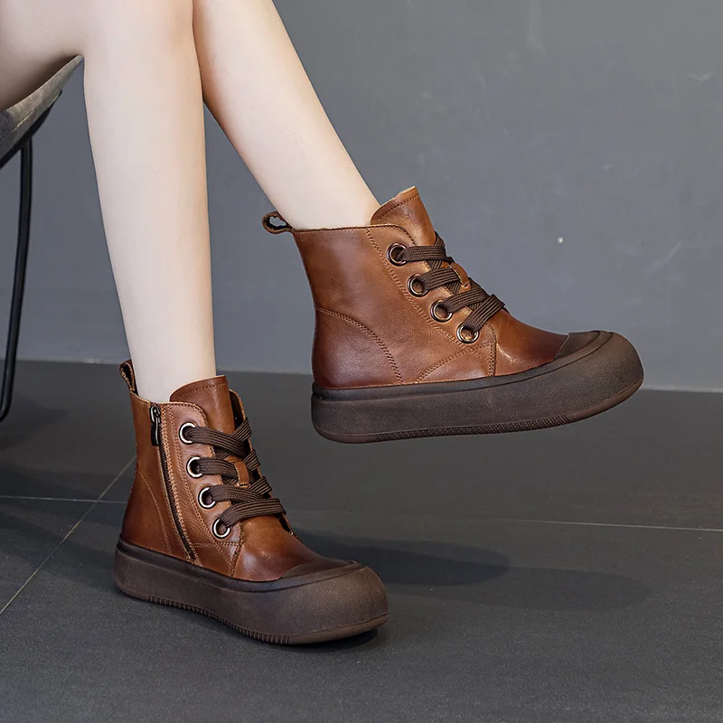 Booties Fall/Winter 2023 New Mid-Tube Women's Boots Top Layer Cowhide Thick Soled Fashion Versatile Leather Women's Boots