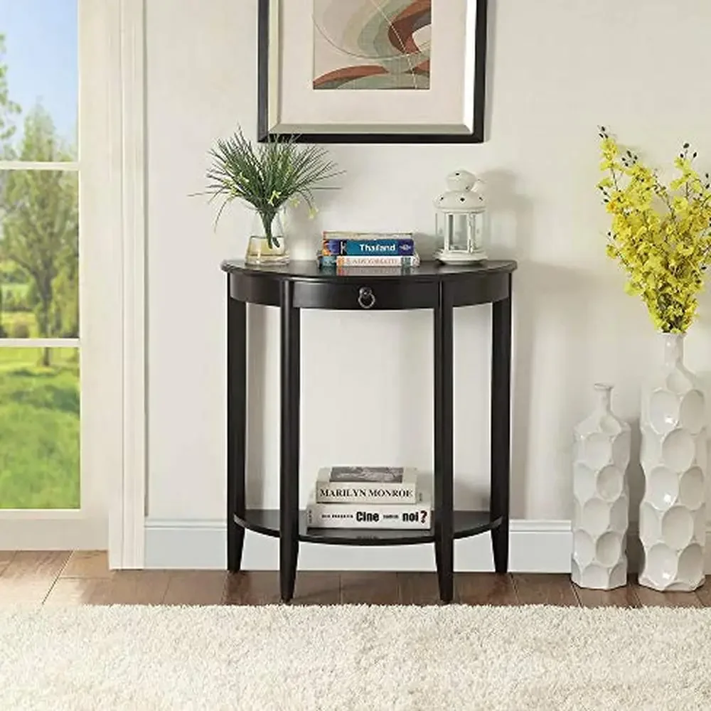 Half Moon Wooden Console Table with Drawer and Shelf Black Finish Semicircular Design Engineered Wood Frame 13