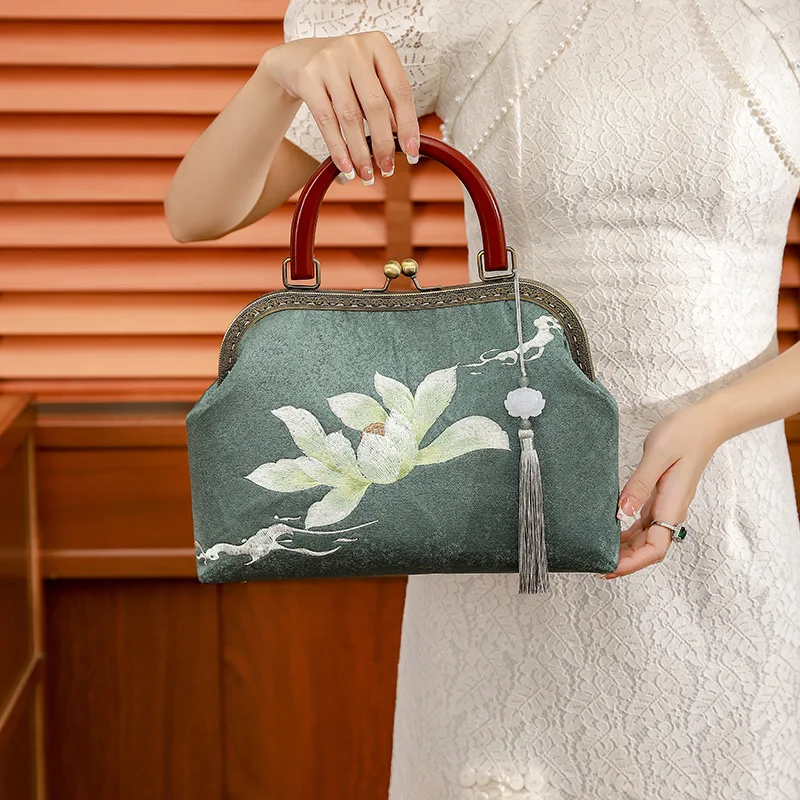 

Silk Embroidery small square bag handbag Cheongsam Hanfu Ancient style bag Lotus Embroidery One shoulder bag Hand carry bag