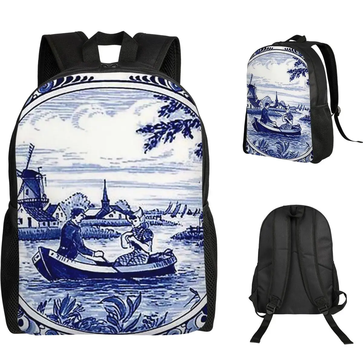 الهولندية الأزرق دلفت طاحونة الكنيسة والمراكب الشراعية حقيبة ظهر الطالب حقيبة مدرسية المشي لمسافات طويلة السفر Daypack حقيبة الكتب الموضة حقائب الكتف