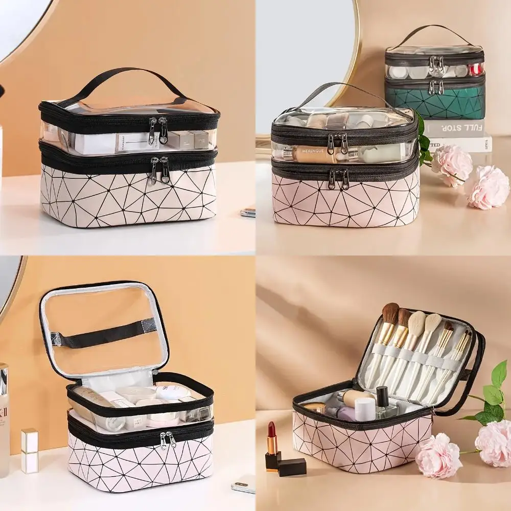 Portable Clear Waterproof Makeup Bag Organizers with Double Layer Design for Travel, Zippered Cosmetic Tote Bag