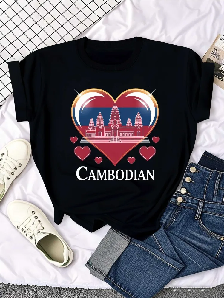 

Women's Cambodia Flag T-Shirt with Round Neckline Featuring Angkor Wat and Cambodia Map Heart-Shaped Design with Text Logo