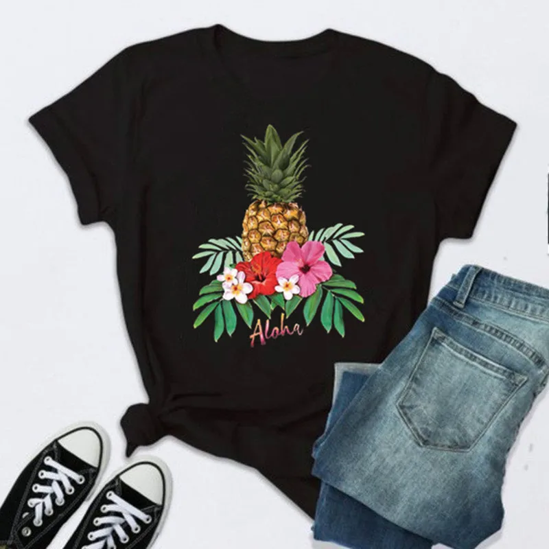 2022 New Black T-Shirts for Women Short Sleeve Womens Tops Graphic Tee Female Summer Shirt Fruit Pineapple Print Crewneck Tees