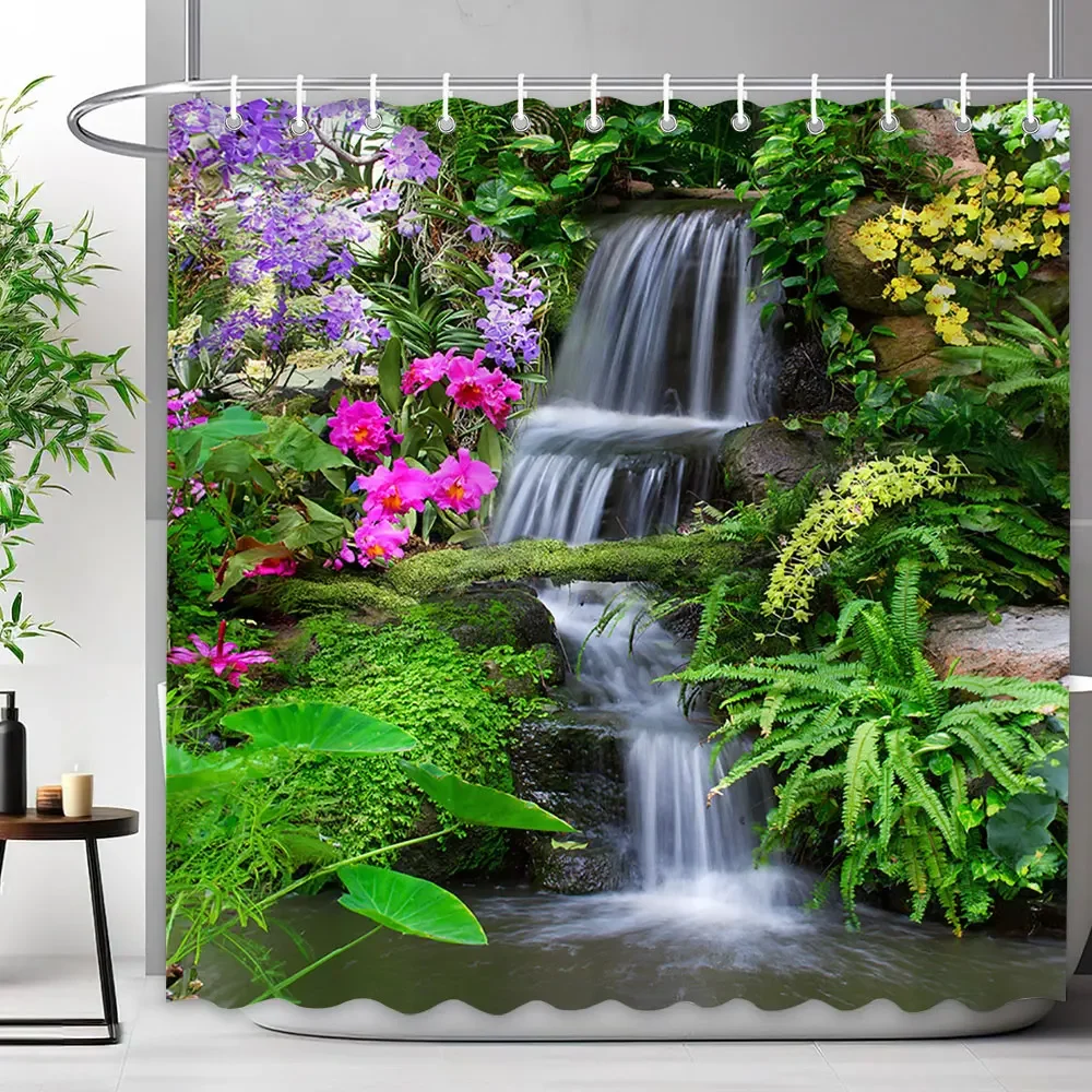 Tropical Jungle Shower Curtain Rainforest Plant Waterfall Spring Flowers Forest Nature Landscape Fabric Bathroom Curtains Decor