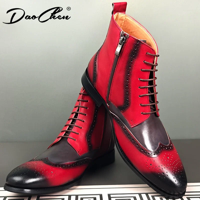 LUXURY BRAND MEN ANKLE BOOTS BLACK RED BROGUE WINGTIP DRESS MAN BOOTS SHOES WEDDING PARTY BANQUET GENUINE LEATHER BOOTS MEN