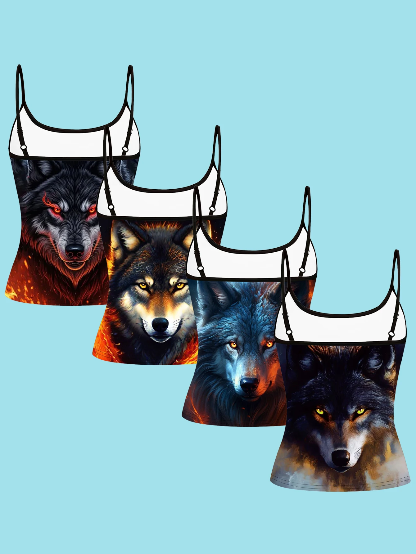 4-Piece Set of Women's Ice and Fire Wolf Head Art Print Spaghetti Strap Camisole Slim Fit Base Layer Tops