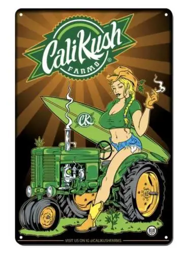 KALI KUSH FARMING WEED METAL TIN SIGN SEXY PIN UP ON TRACTOR SMOKING WALL ART