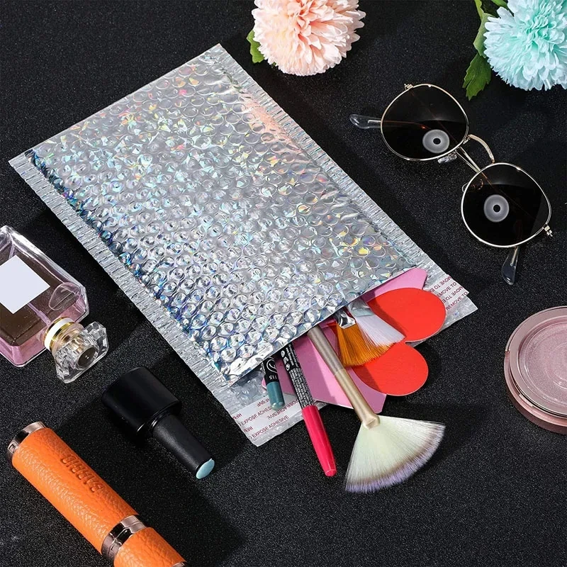 Impermeável Holográfica Mailer, Laser Prata Mailing Envelope, Courier Bag, acolchoado Envelopes Bolha, Pack Bag para o Transporte, 100 Pcs