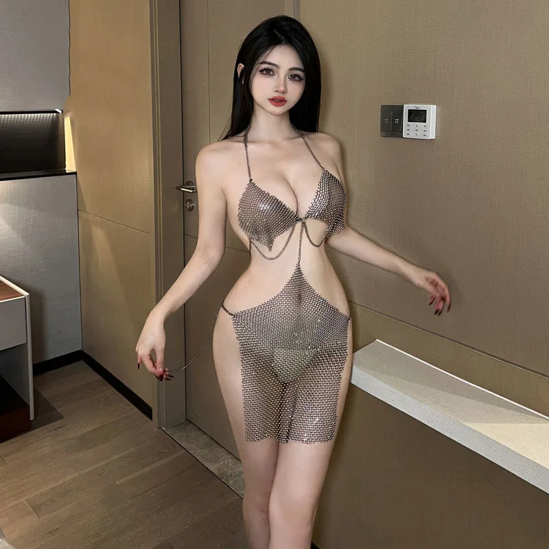 

Egyptian Queen Shiny Blings Metal Chain Dress Uniform Outfits Costume Cosplay Sexy Nightdress Women Party Club Wear Lingerie New