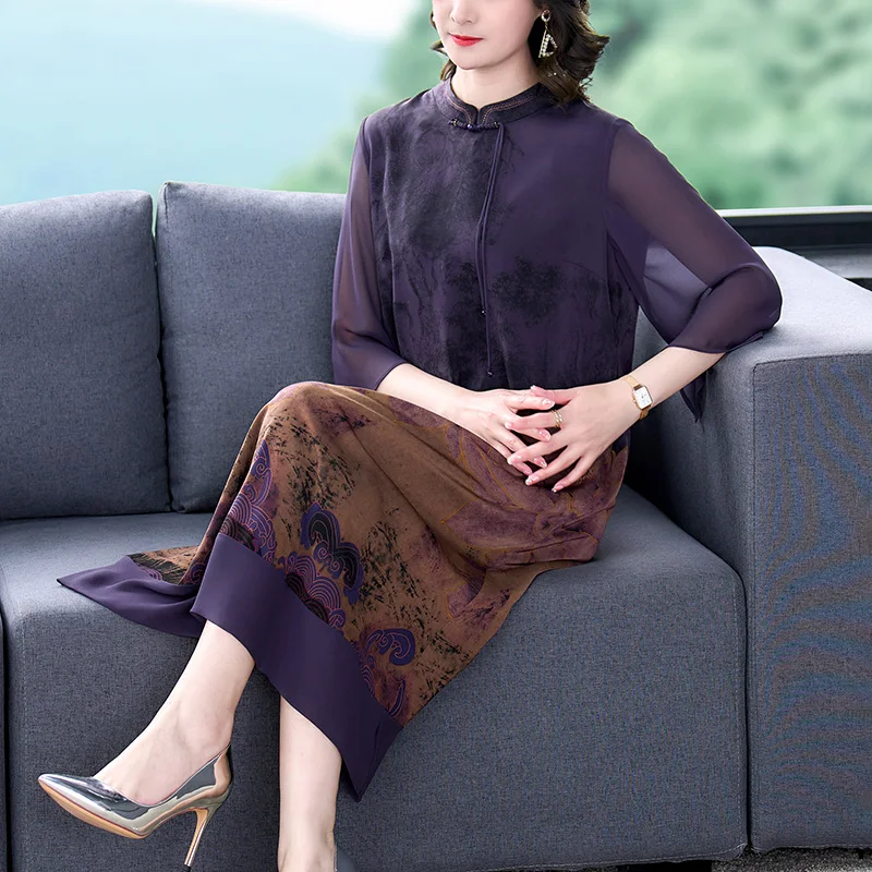 2023 Summer New Silk Short Sleeve Dress Retro Pankou Flower Print Large Women\'s Dress Satin Mesh Splice Slim Robe