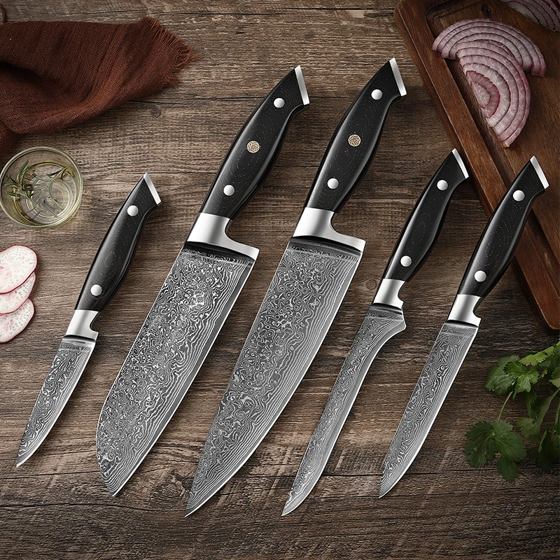 

TJ POP 5 Pcs Damascus Kitchen Knives Set Japanese VG10 Steel Chef's Knife Sharp Santoku Utility Paring Boning Micarta Handle