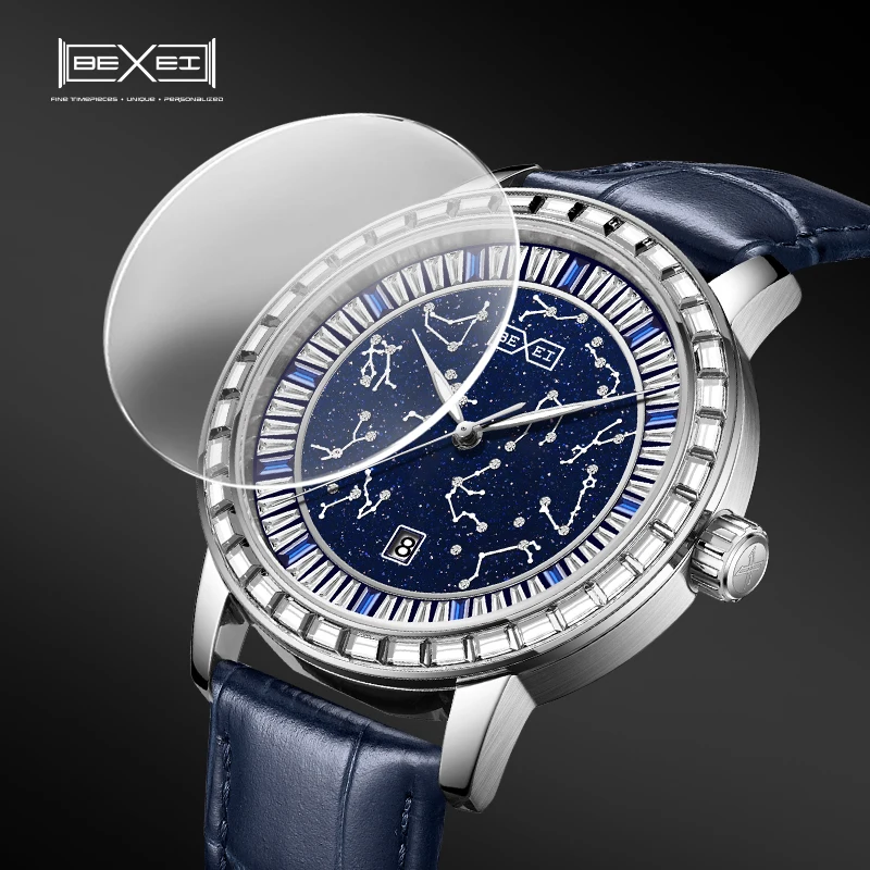 BEXEI 9192 Date display mechanical Automatic Movement 36 Zircon Bezel astronomical star map theme Man watch sapphire  Business