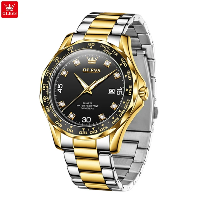 

OLEVS 9988, роскошные мужские водонепроницаемые светящиеся кварцевые спортивные наручные часы из нержавеющей стали, золотой, черный циферблат, деловые повседневные деловые часы