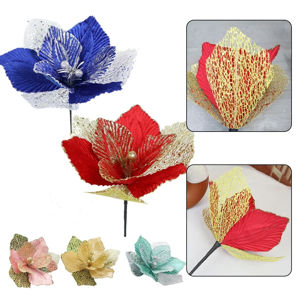 

27CM Fabric Simulation Net Christmas Flowers DIY Flower Arrangement Decoration For Home New Year Decoration Supplies