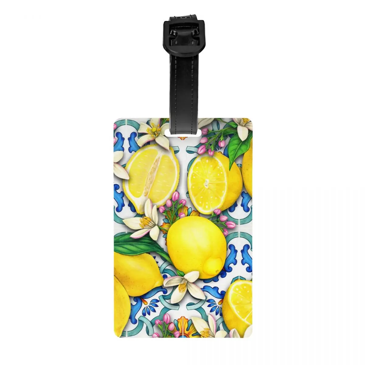 Custom Mediterranean Summer Fruit Lemons Tiles Luggage Tag Travel Bag Suitcase Privacy Cover ID Label