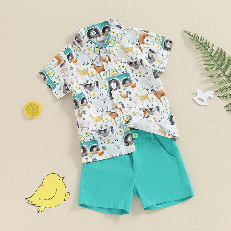 Toddler Baby Boy Summer Outfit Short Sleeve Farm Animal Print Shirt Top and Casual Shorts Set Cute Kids Clothes