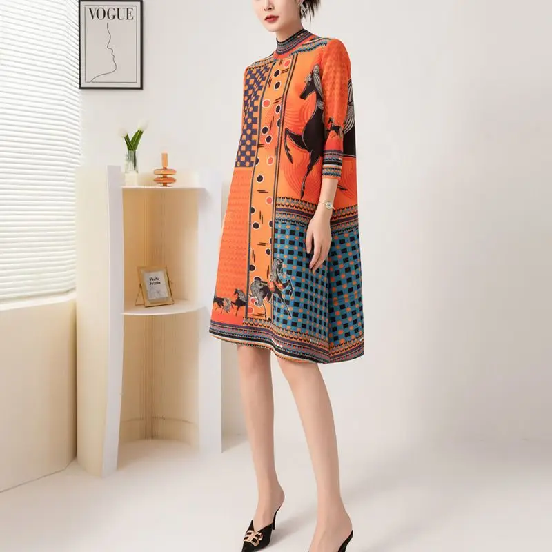 Folded Dress Spring and Autumn New Fashionable Ethnic Style Printed Half High Neck Loose Slim Mid length Dress