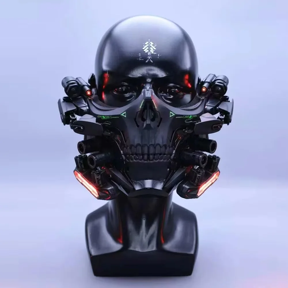 หน้ากากโครงกระดูกสไตล์ไซเบอร์พังก์ ครึ่งหน้า สีดำ พร้อมไฟ สำหรับงานปาร์ตี้ฮาโลวีน งานคาร์นิวัล อุปกรณ์ประกอบฉากเกมยิงปืน ของขวัญ