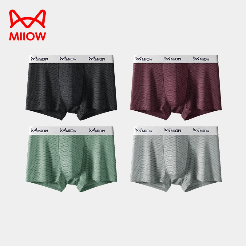

MiiOW 4Pcs Ice Silk Men's Panties Breathable Mesh Mens Summer Underpants Boxers 7A Antibacterial Crotch Man Underwear Boxers