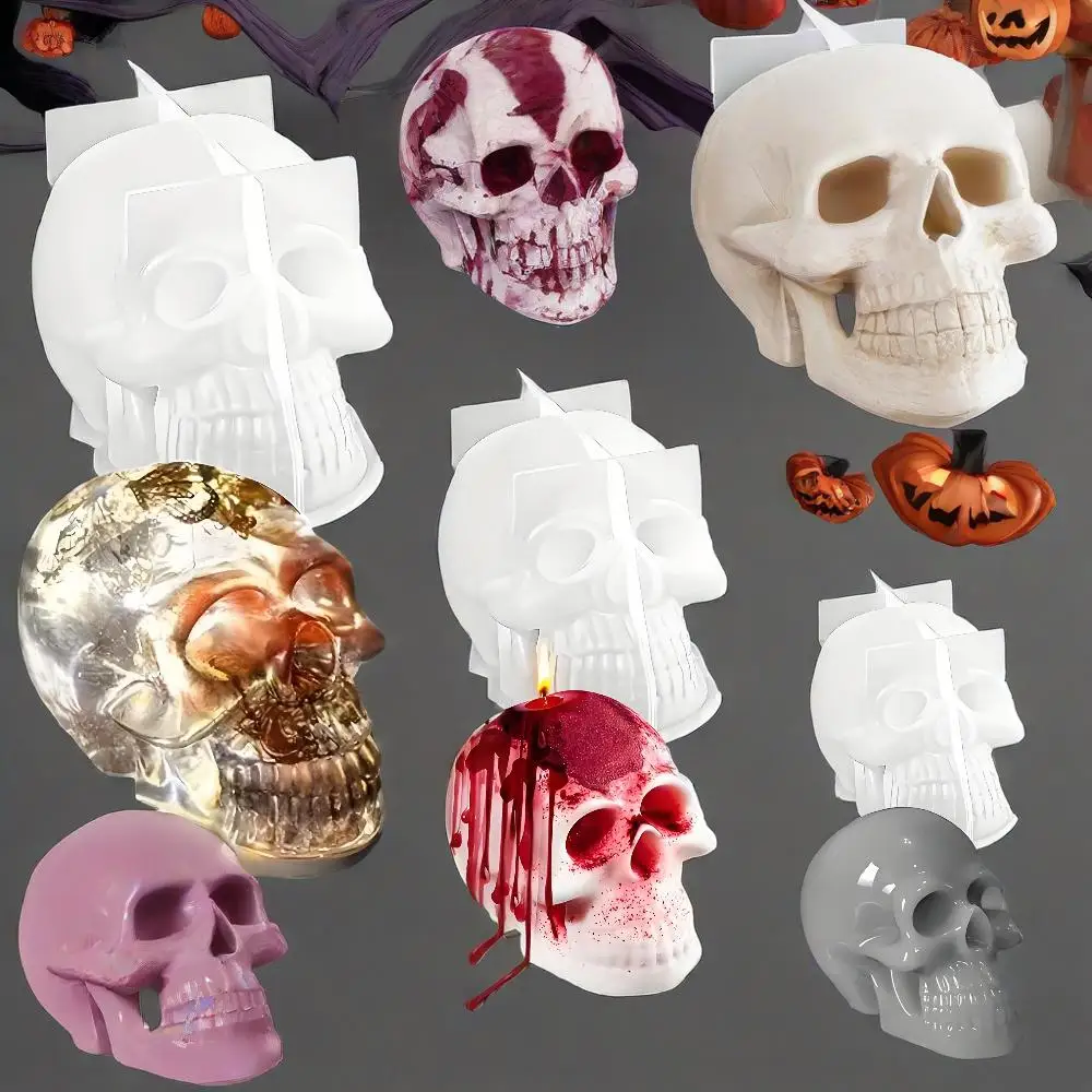 Totenkopfförmiges 3D-Schädel-Harzformen-Set – groß, mittel, klein, für Seife, Ton, Kerze, Wachs, Gießen, Halloween, Heimdekoration