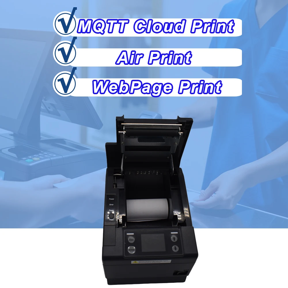 80mm POS Thermal Receipt Printer with Auto Cutter Wireless Bluetooth MQTT Cloud Bill Printing Machine