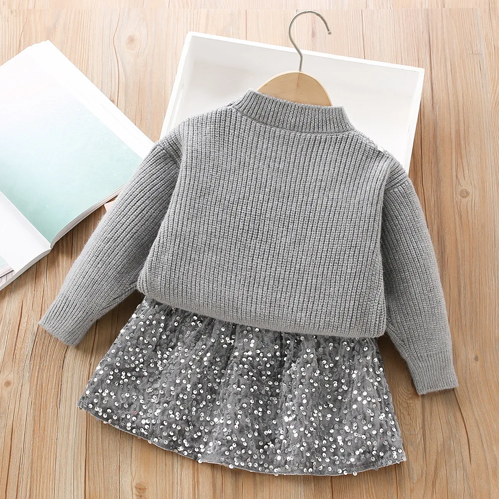 Spring Autumn 1-6Y Girls 2PCS Clothes Set Patchwork Lace Bow Round Collar Kid Girl Sweater A-line Sequin Toddler Girl Skirt Suit