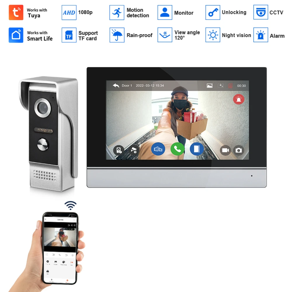 

1080P Video Door Phone Home Intercom System Wireless WiFi Smart Video Doorbell 7 Inch with Wired Doorbell TUYA APP