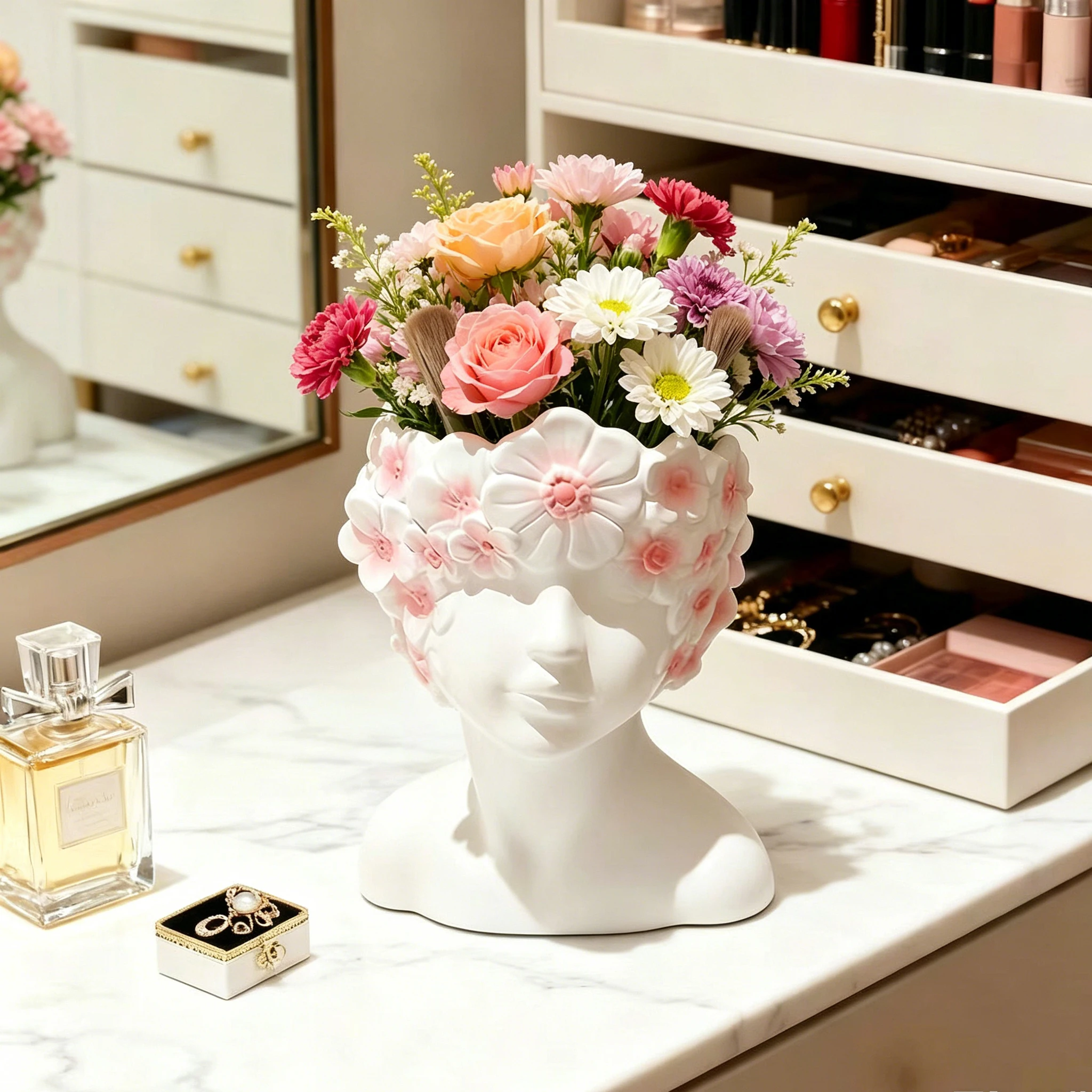 Nordic Style Abstract Face Ceramic Vase Makeup Brush Storage Tube Bedroom Dresser Decorative Ceramic Flower Arranging Device