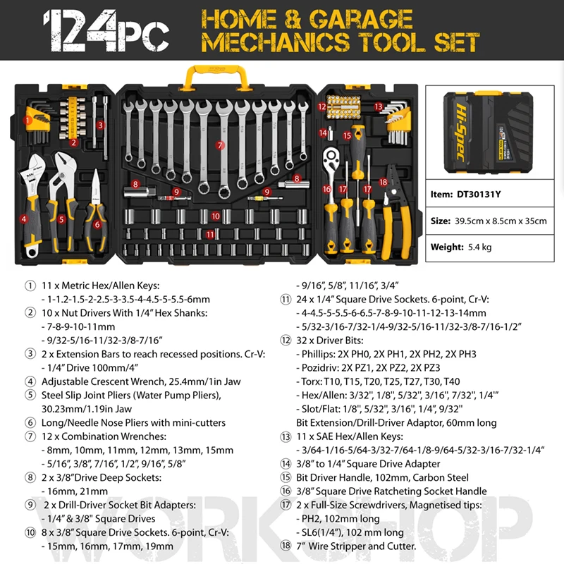 Hi-Spec 124 Pieces Household Tool Kit Workshop Hardware Daily Hand Tool Sets for Home Repair in Plastic Tool Box Storage Case