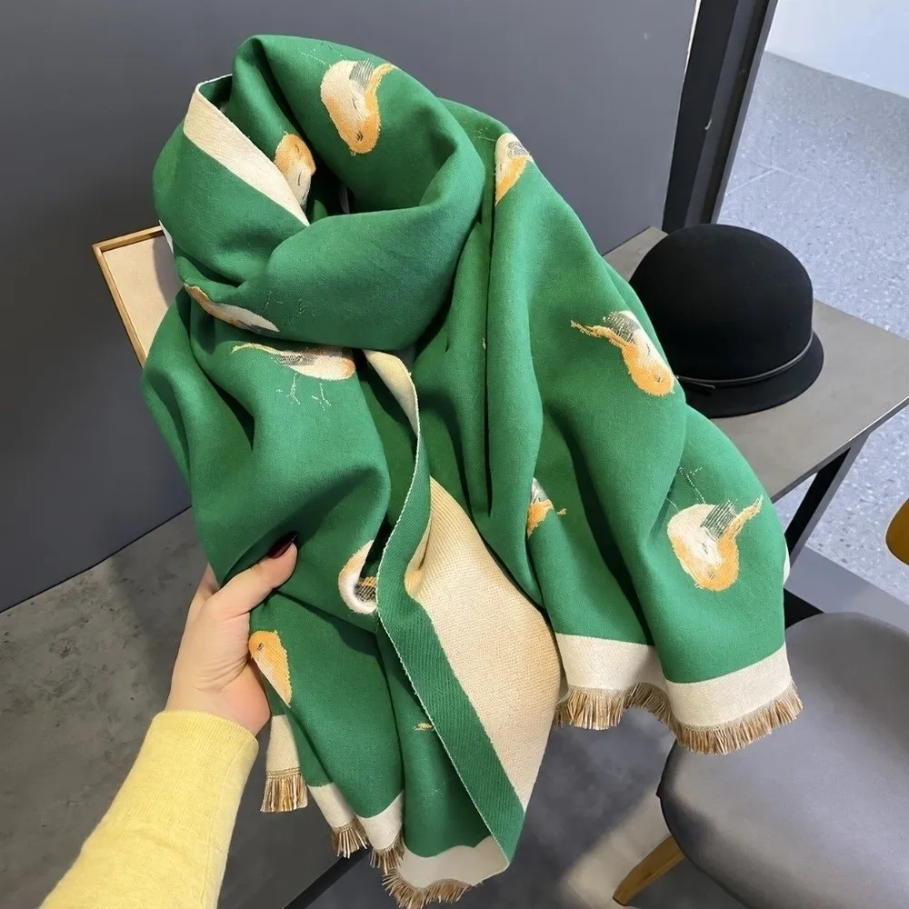 Imitation Pashmina Winter Color Block Cozy Texture Elegant Printing Thick Warm Wraps Durable Knit Double Sided Magpie Bird Shawl