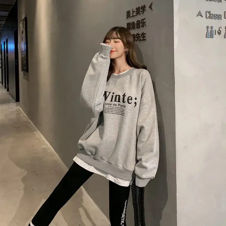 

Korean Version Loose Letter Fake Two-piece Velvet Crew Neck Sweater Women's Top Jacket