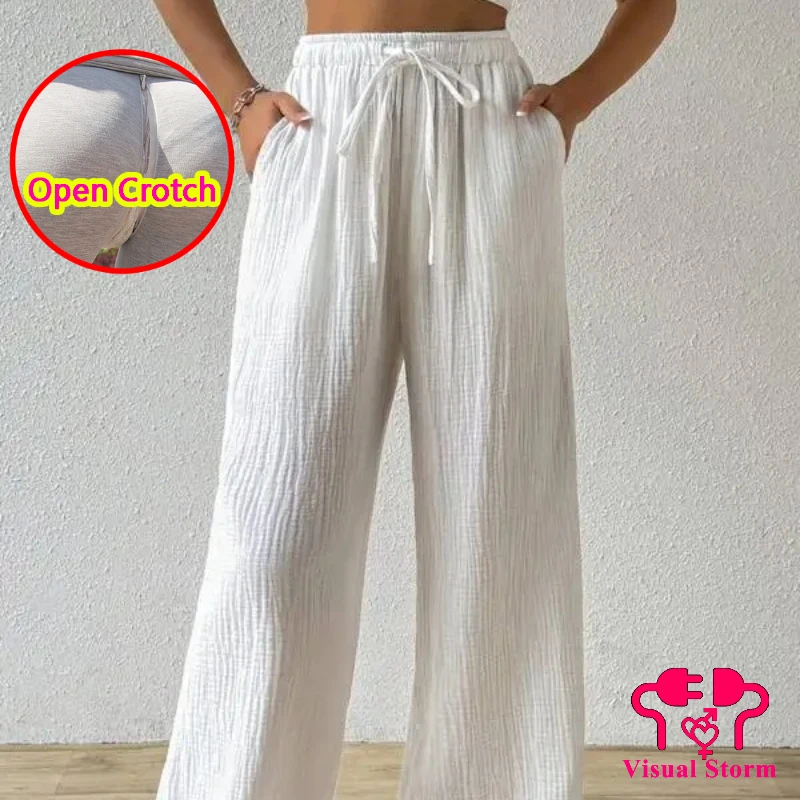 Calças Femininas de Perna Larga com Zíper Oculto na Virilha, Cor Sólida, Elásticas, com Bolso, Estilo Casual e Versátil, Soltas e Sem Virilha