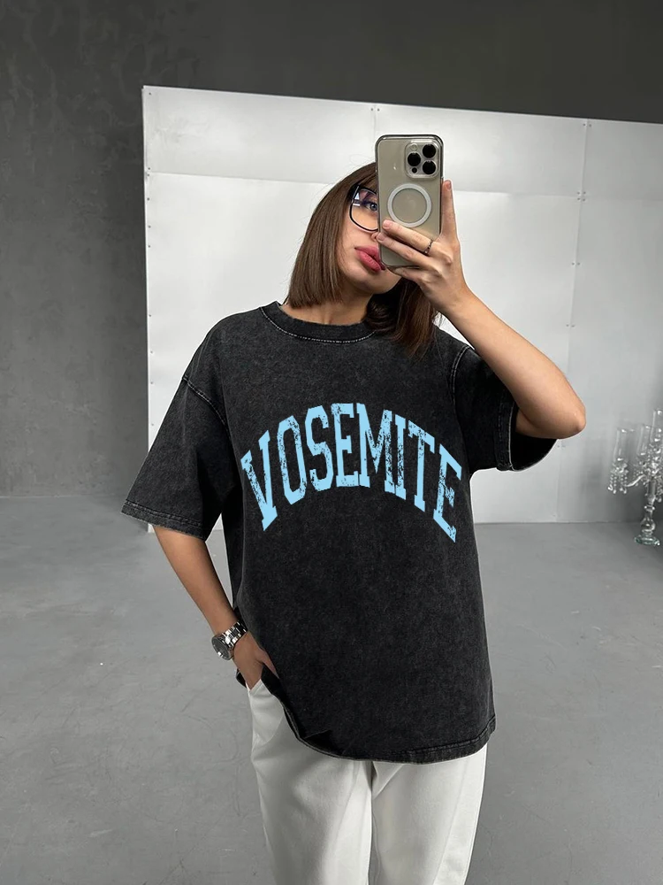 Hirsionsan Graphic Print Streetwear Tshirt Y2k Woman Short Sleeve Oversized Girls Casual Tees Soft Vintage Washed Old Cotton Top