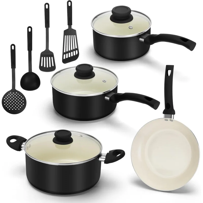 11 Piece Ceramic Nonstick Cookware Set, Soft Grip Healthy Pots and Pans Set with Lids and Utensils for Kitchen,Dishwasher Safe