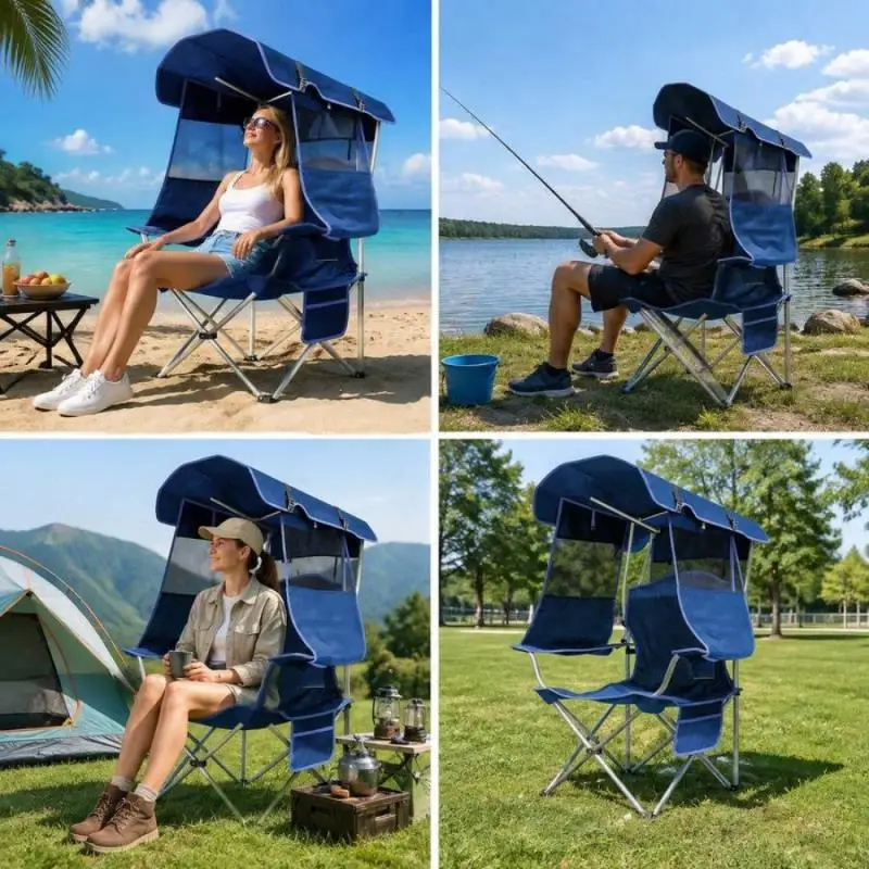 Heavy Duty Folding Camp Chair With Canopy Sunblock UPF 50 for Beach Trip Outdoor Relaxation Compact Portable Fishing Picnic Gear