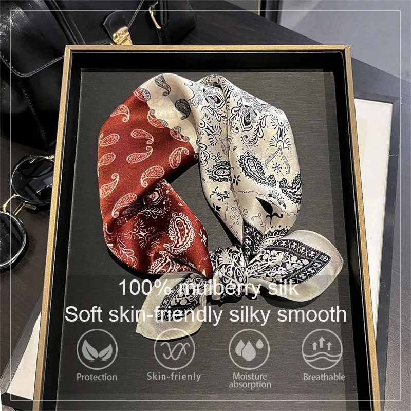 100% Silk Scarf Bandana Women Square Scarves Wrap Kerchief Paisley  Mulberry Silk Bag Handle Tie Fashion Luxury Headband Hijab