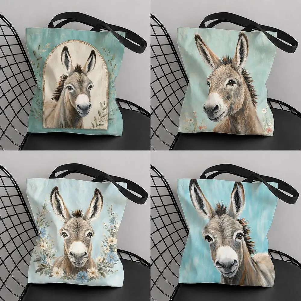 Rustic Donkey Art Storage Bags Large Capacity Canvas Tote Bag Reusable Shoulder Handbag for Daily Shopping Travel
