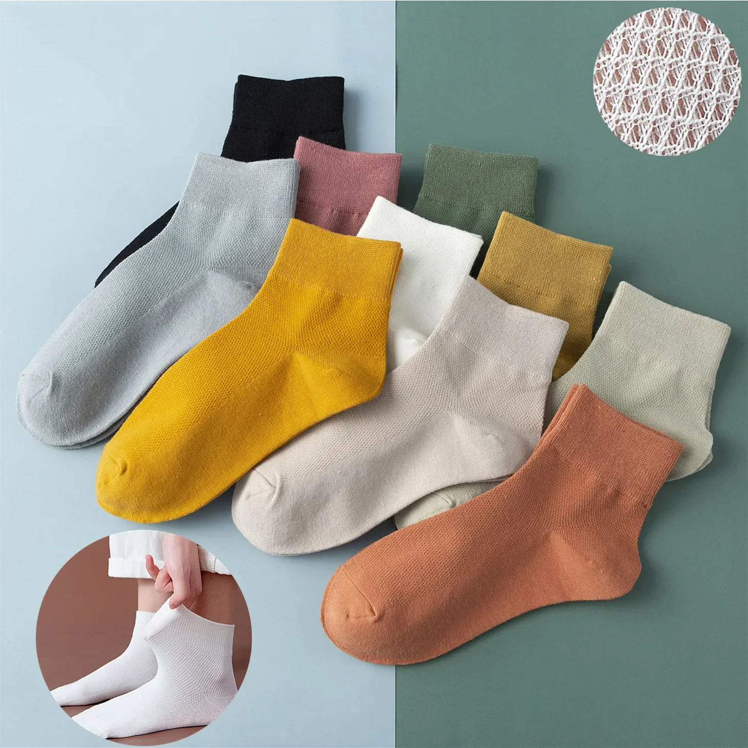 Cotton Solid Color Woman Socks Summer Thin Hollow Out Mesh Short Socks Soft Casual Breathable Fashion Harajuku Retro Ankle Socks