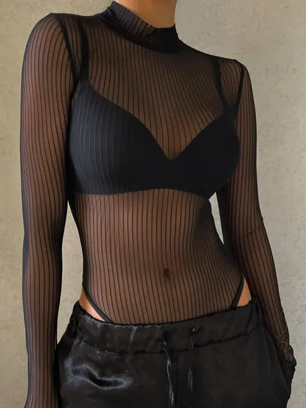 See Through Sexy Bodysuit Lingerie Long Sleeve Body Feminino Slim Turtleneck Corset Top Backless Fashion Trends Women Clothing - Image 3