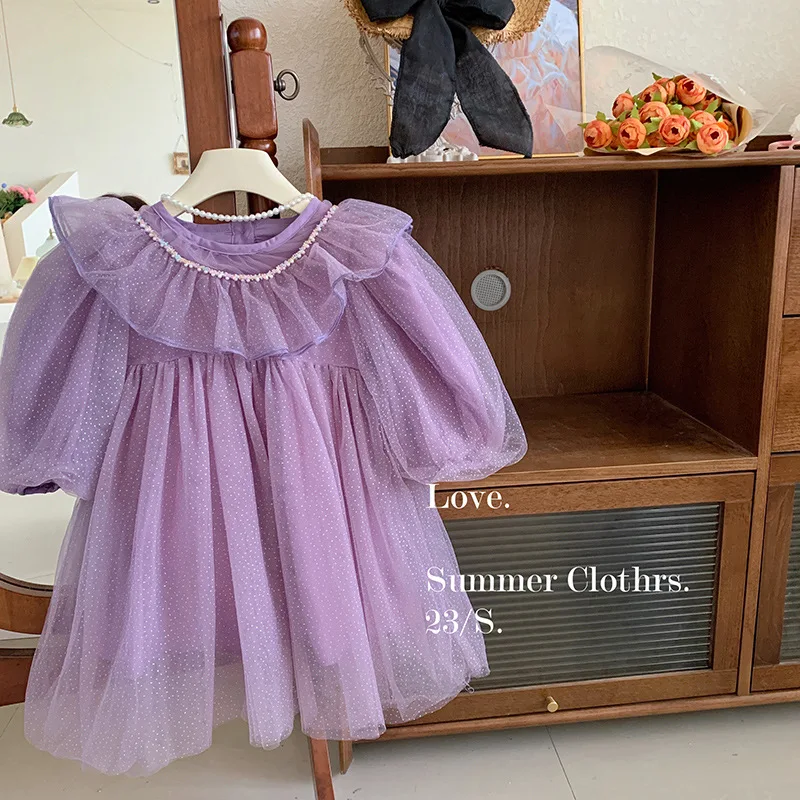 CXJM-Children's Dress Girl Puff Sleeve Puffy Mesh Dress2025Spring New Sweet Princess Dress