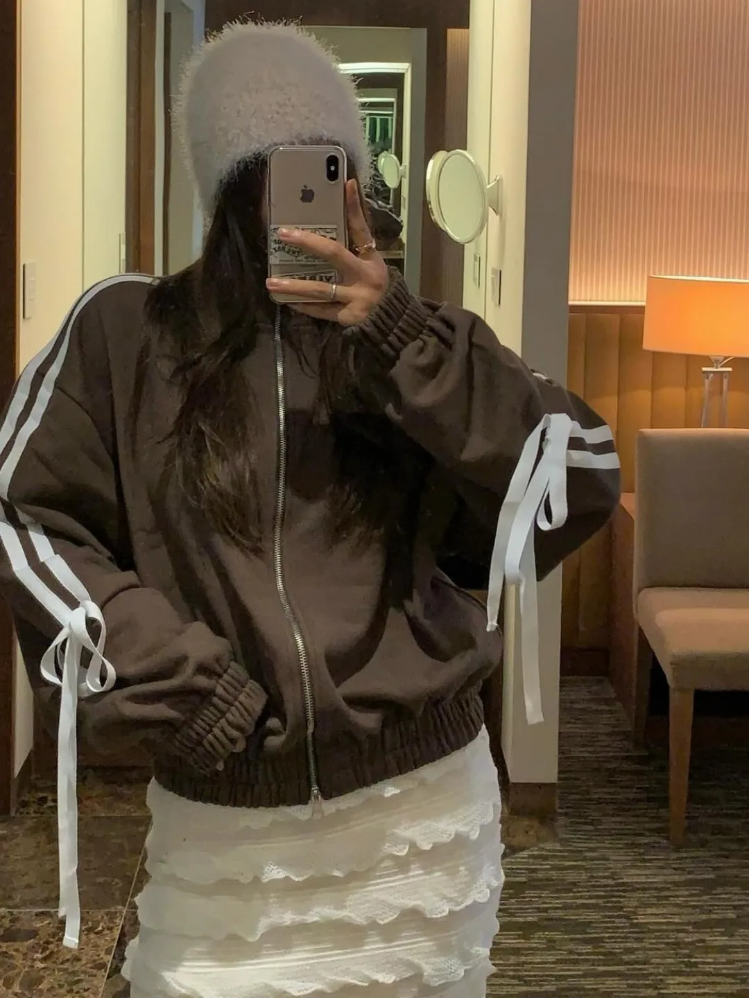 

Dongda Gate 2025 Autumn Winter New Sle Striped Weave Belt Knot Zipper Stand Collar Loose Fce Sweatirt Jaet