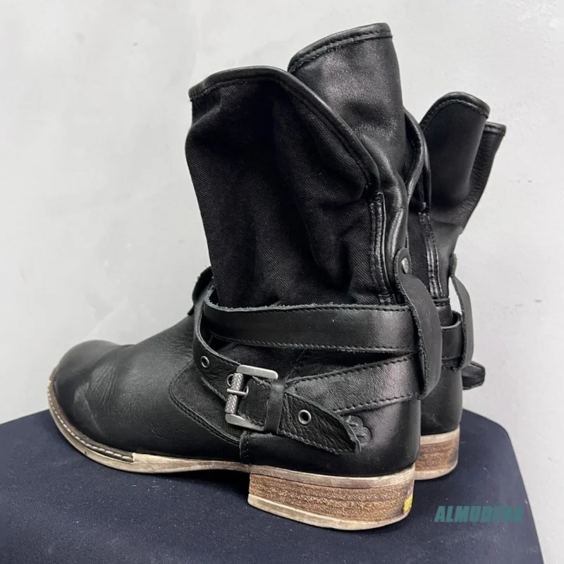 Botas de Motero para Hombre de Cuero Genuino Negro, con Hebilla Vintage, Punta Redonda, Tacón Bajo, Estilo Casual Urbano, Zapatos para Exteriores, Novedad 2026