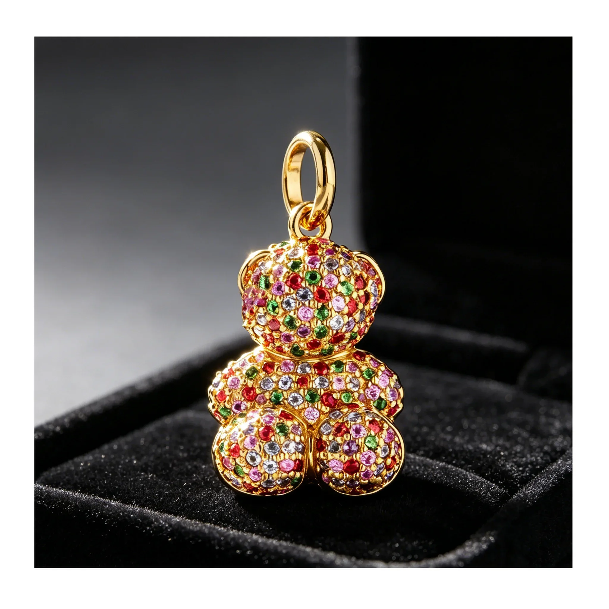 Gold Plated 3D Sitting Teddy Bear Charm Full Micro Pave Rainbow Multicolor Zircon Sparkly Pendant For Bracelet Necklace Jewelry Gift